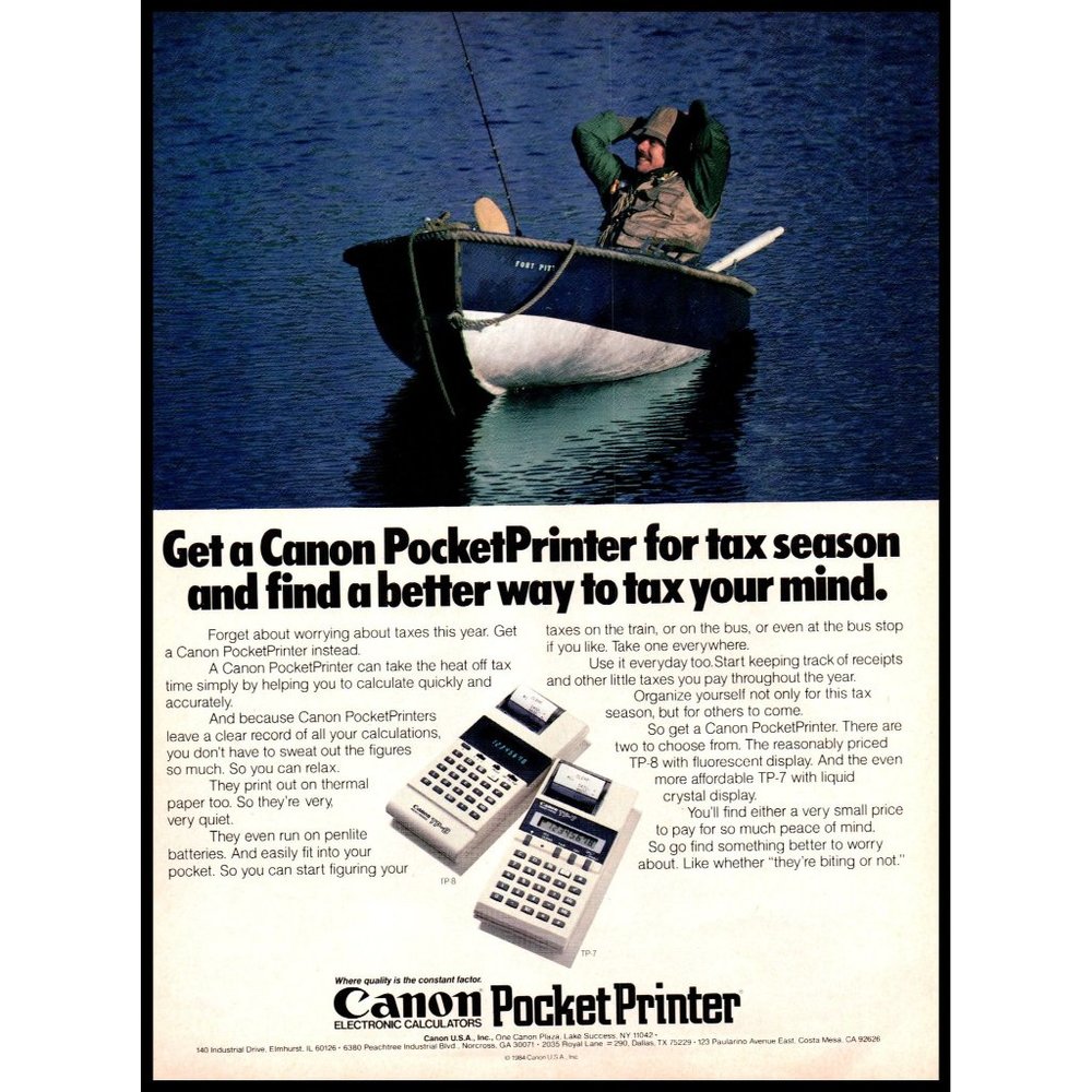 1984 Canon PocketPrinter Calculator Vintage Print Ad Fishing Boat Lake Wall Art